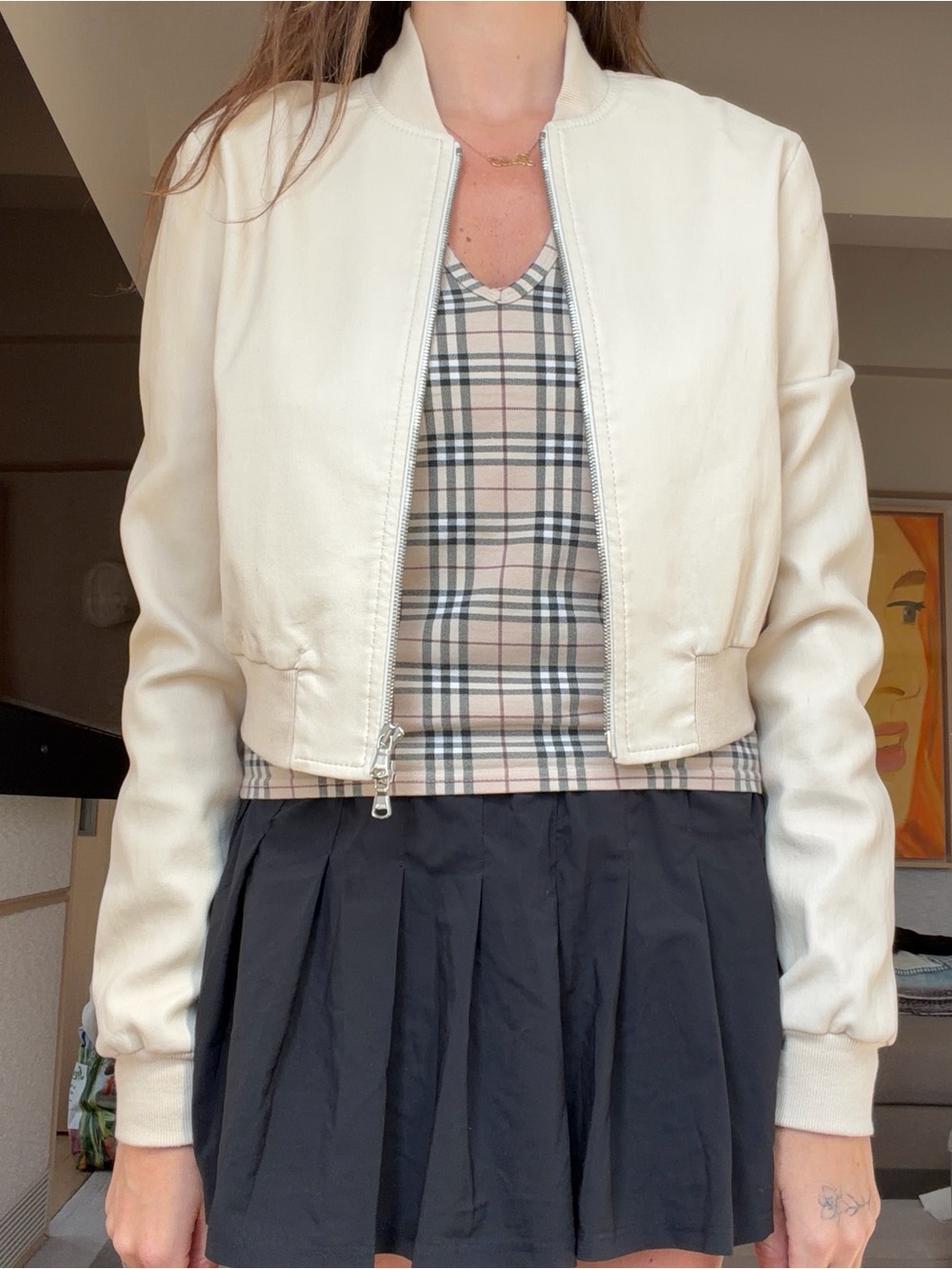Women's Cream Cropped Bomber Jacket - Lightweight Casual Layer